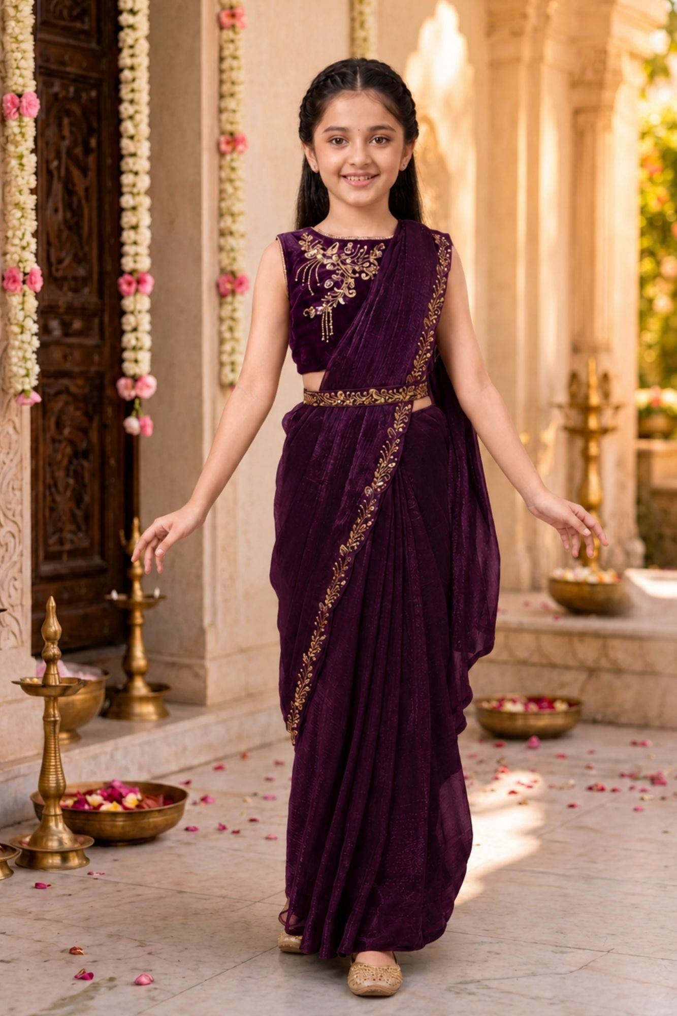 Girls Wine Embroidered Pre-Stitched Drape Saree Set