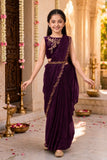 Girls Wine Embroidered Pre-Stitched Drape Saree Set