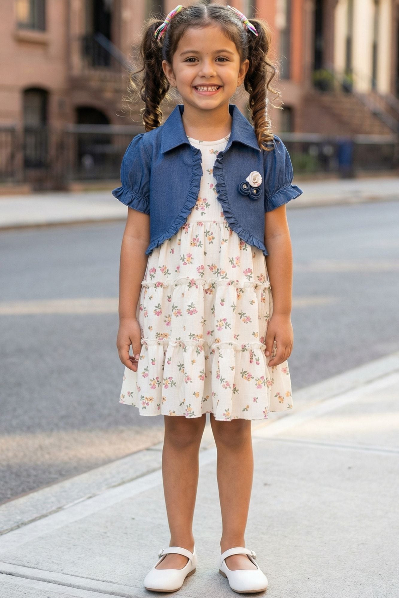 Girls Floral Printed Dress with Blue Denim Shrug  Lagorii Kids