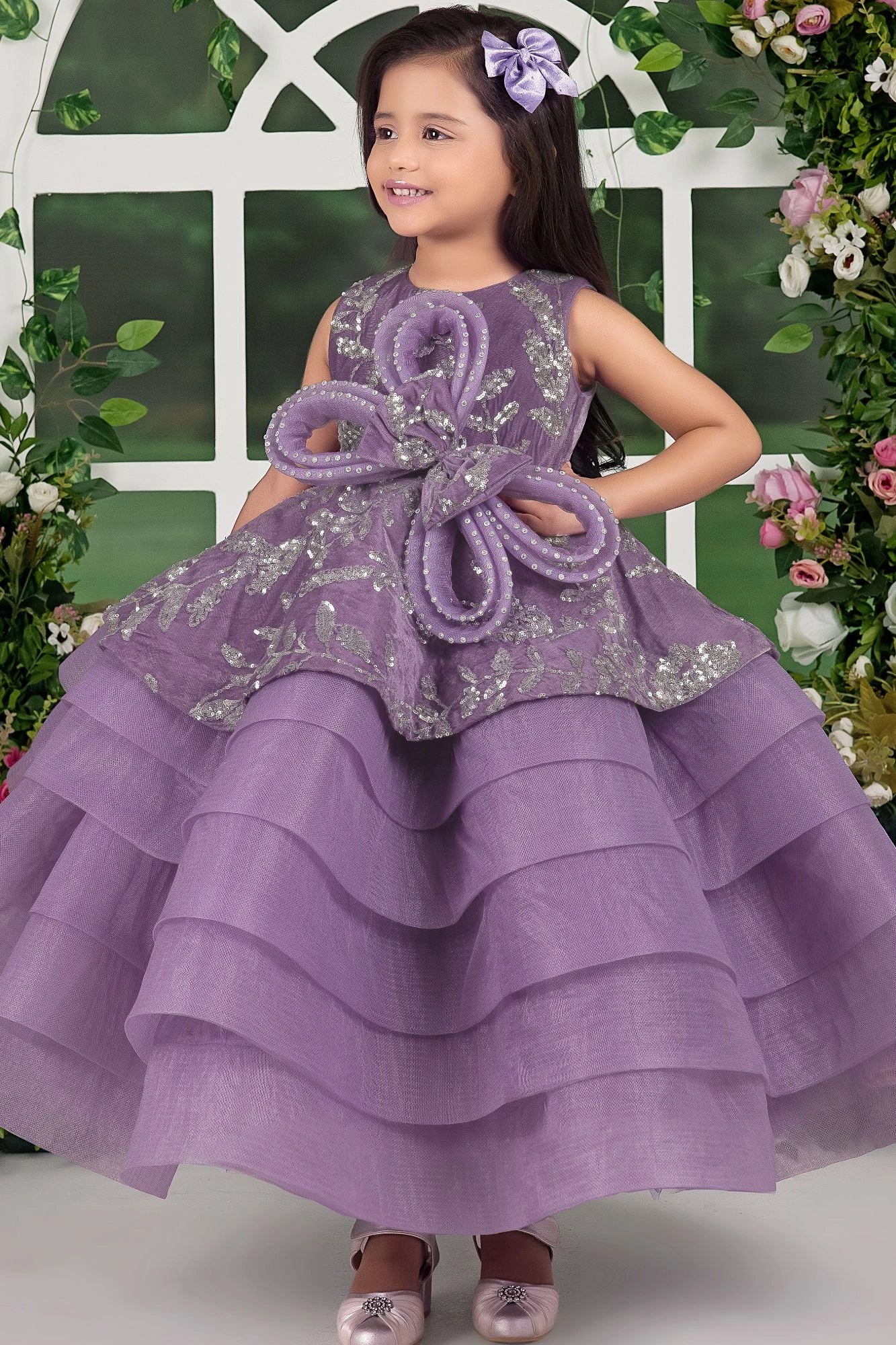 Lavender Layered Party Gown with 3D Floral Bow For Girls