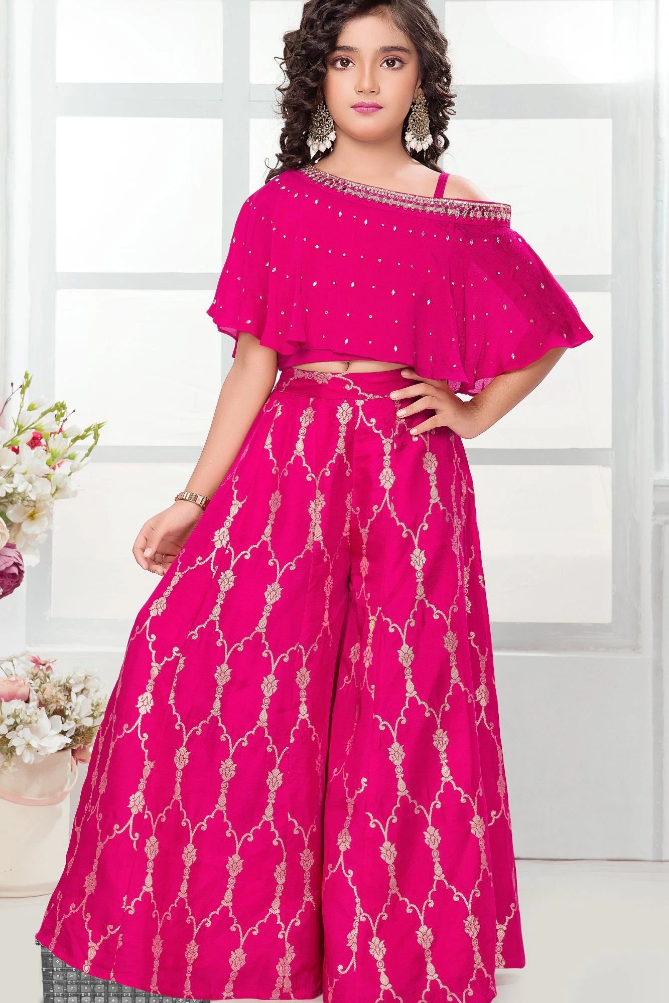 Rani Pink Off Shoulder Embroidered Palazzo Set For Girls