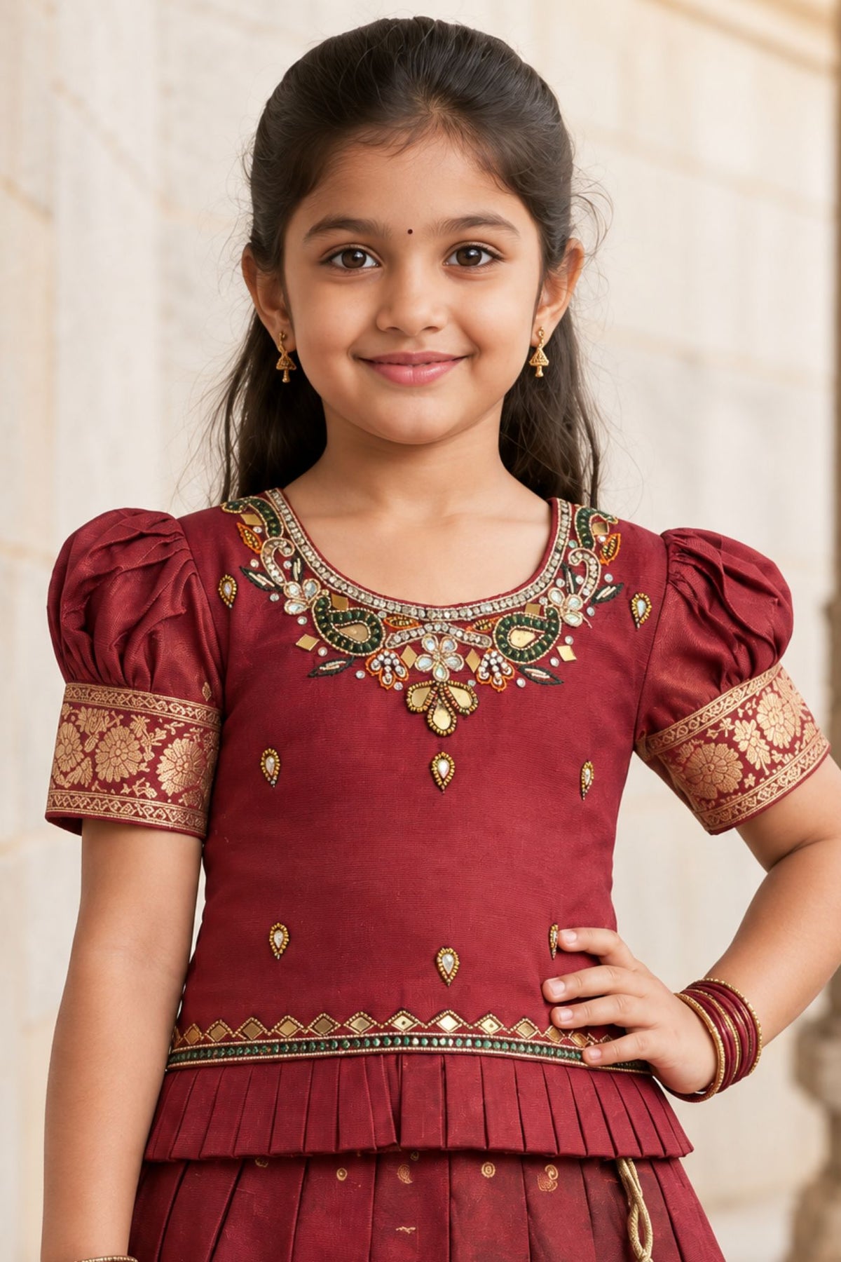Maroon Zari Woven Pattu Pavadai Set With  Puff Sleeves For Girls