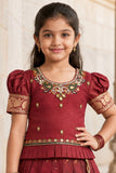 Maroon Zari Woven Pattu Pavadai Set With  Puff Sleeves For Girls