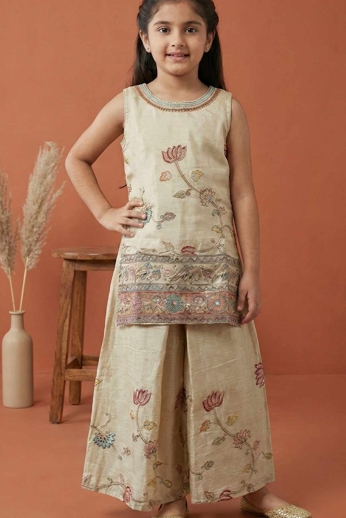 Cream Ethnic Palazzo Set with Multicolor Embroidery for Girls
