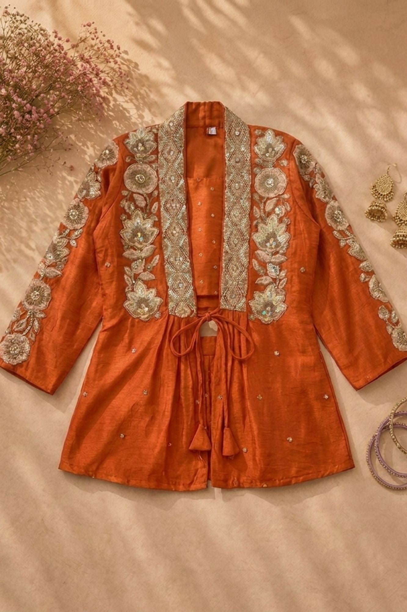 Rust Orange And Gold Floral Embroidered Jacket With Embellished Sharara Set