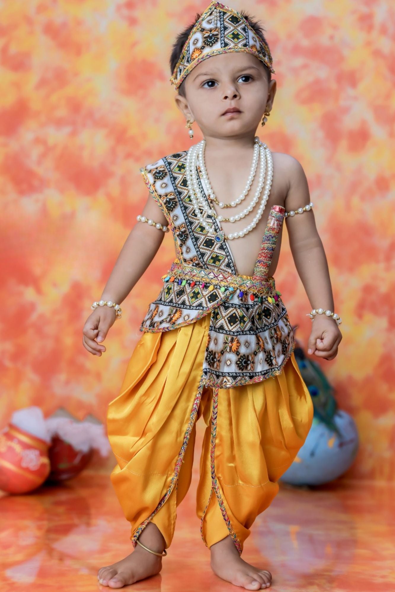 Mustard Yellow Krishna Janmashtami Dhoti Set with Patola-Inspired Angavastram for Boys