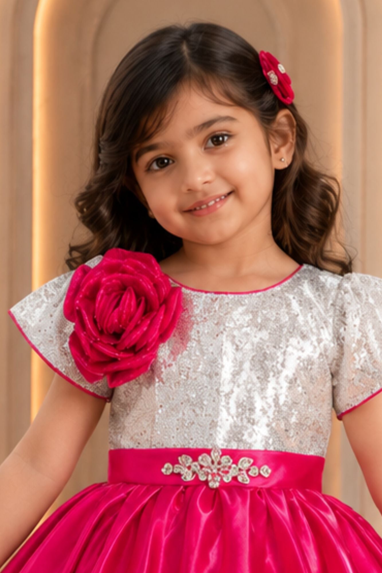 Rani Pink Party Frock with Silver Sequin Bodice For Girls