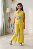 Yellow Floral Printed Sleeveless Co-Ord Set with Wide-Leg Culottes for Girls