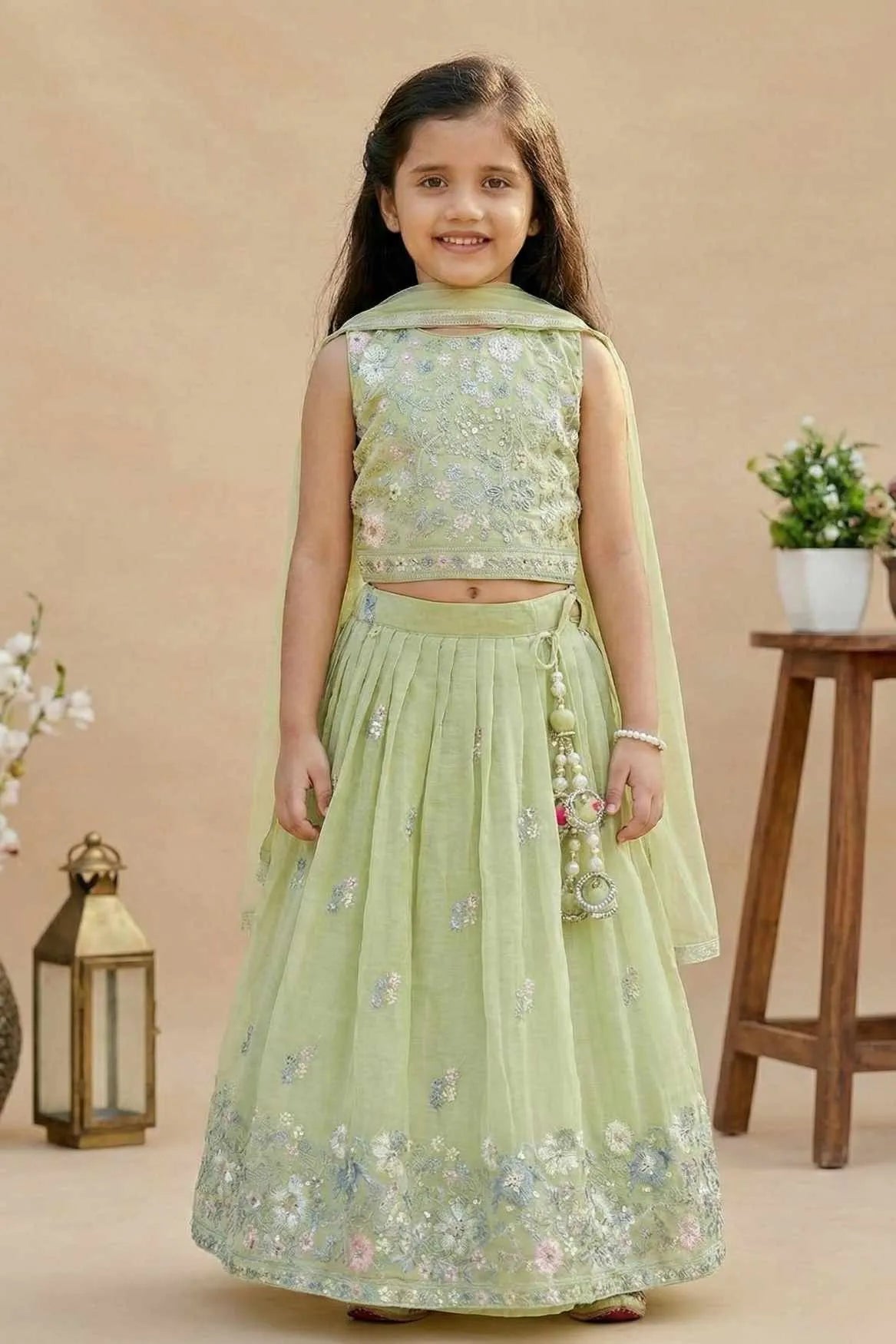 Pista Green Floral Embroidered Lehenga Choli with Dupatta For Girls
