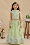 Pista Green Floral Embroidered Lehenga Choli with Dupatta For Girls