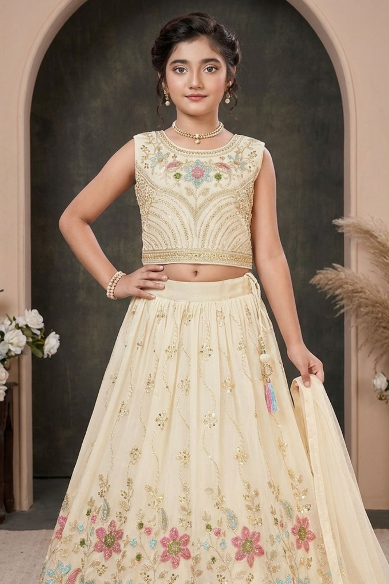 Girls Cream Embroidered Lehenga Choli with Dupatta