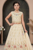 Girls Cream Embroidered Lehenga Choli with Dupatta