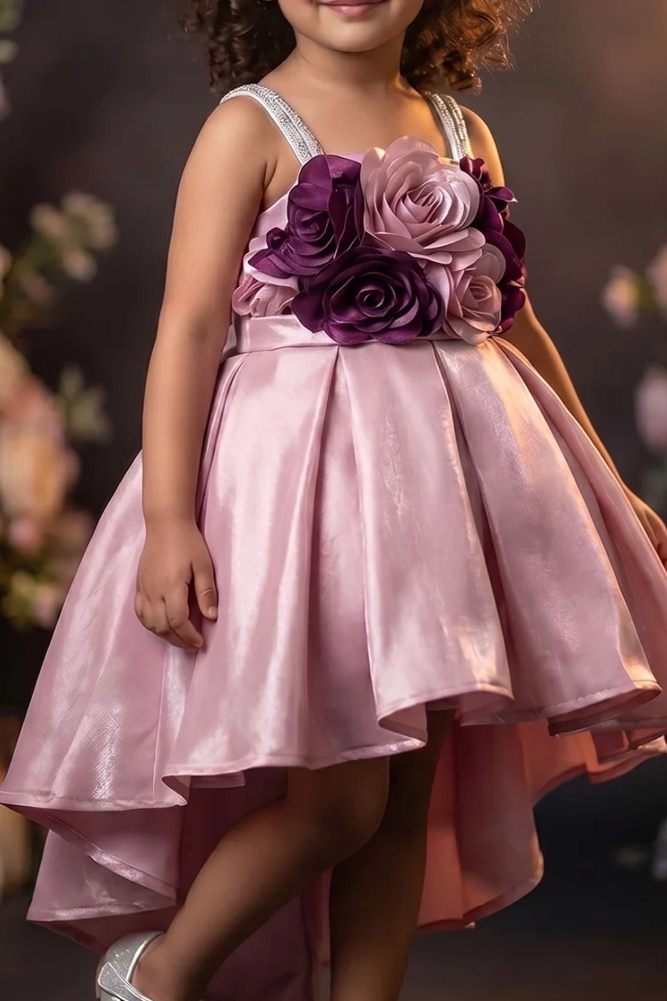 Girls Pink High Low Party Wear Frock with 3D Floral Applique