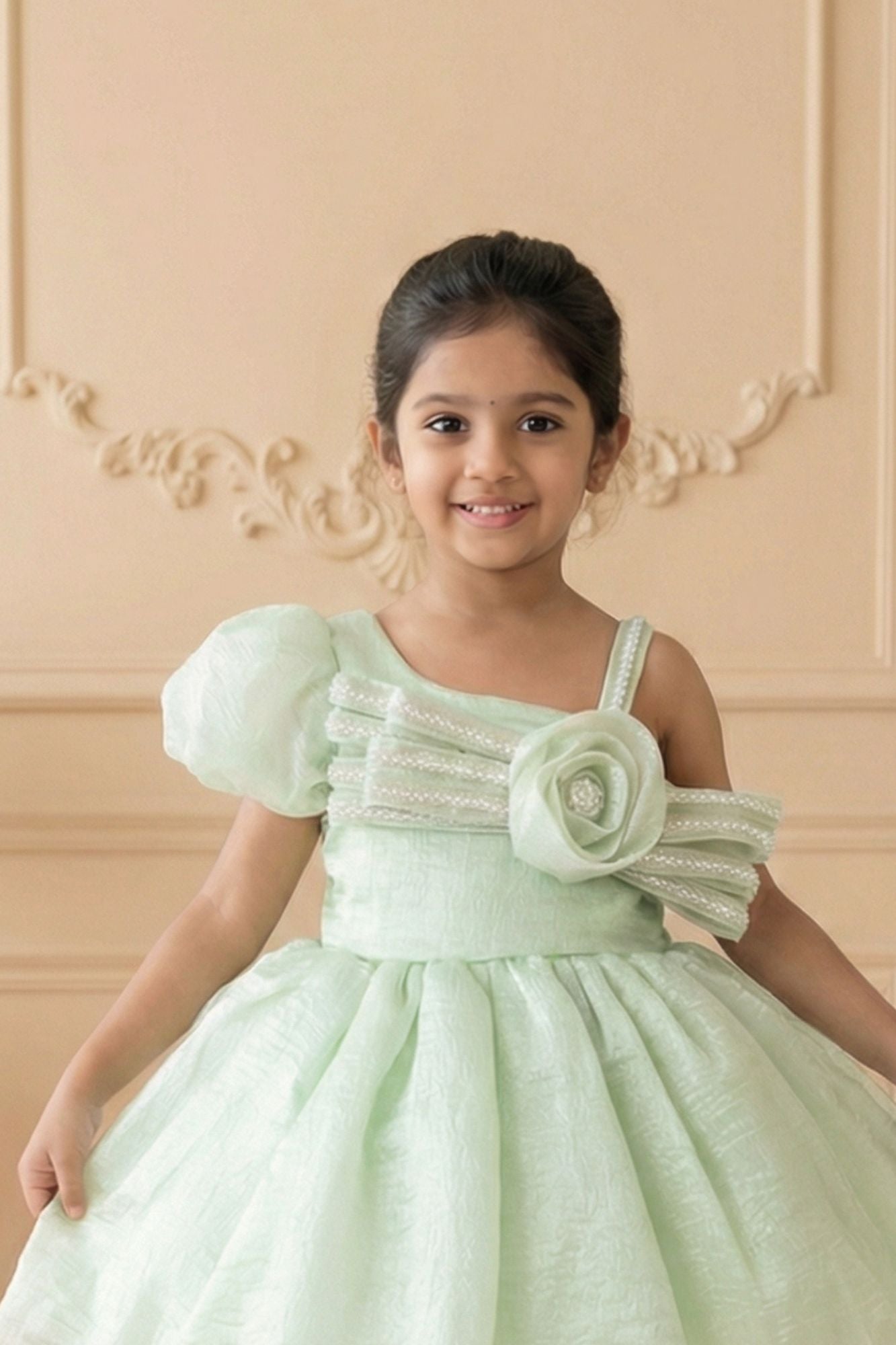 Pista Green One-Shoulder Party Frock with 3D Floral Bow For Girls