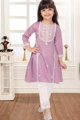 Onion Pink Embroidered And Sequin Straight Kurta And Pant Set For Girls