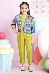 Mustard Top And Pant Set With Multicolor Printed Over Coat For Girls