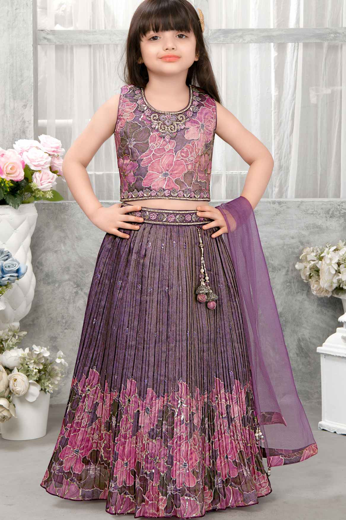 Lavender And Pink Floral Embroidered Lehenga Choli Set With Sequin Detailing For Girls