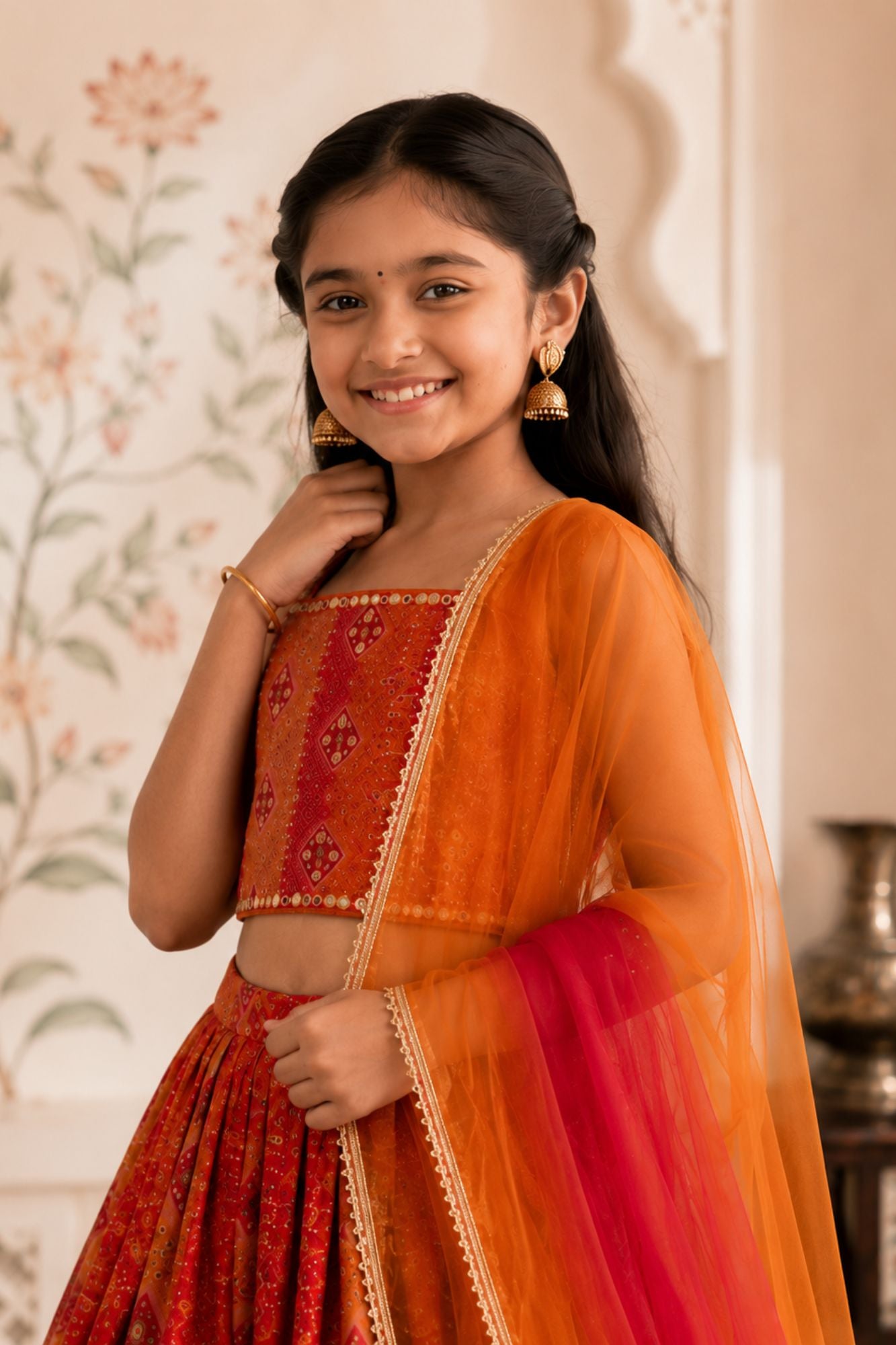 Girls Red and Orange Bandhani Print Lehenga Choli Set with Ombre Dupatta