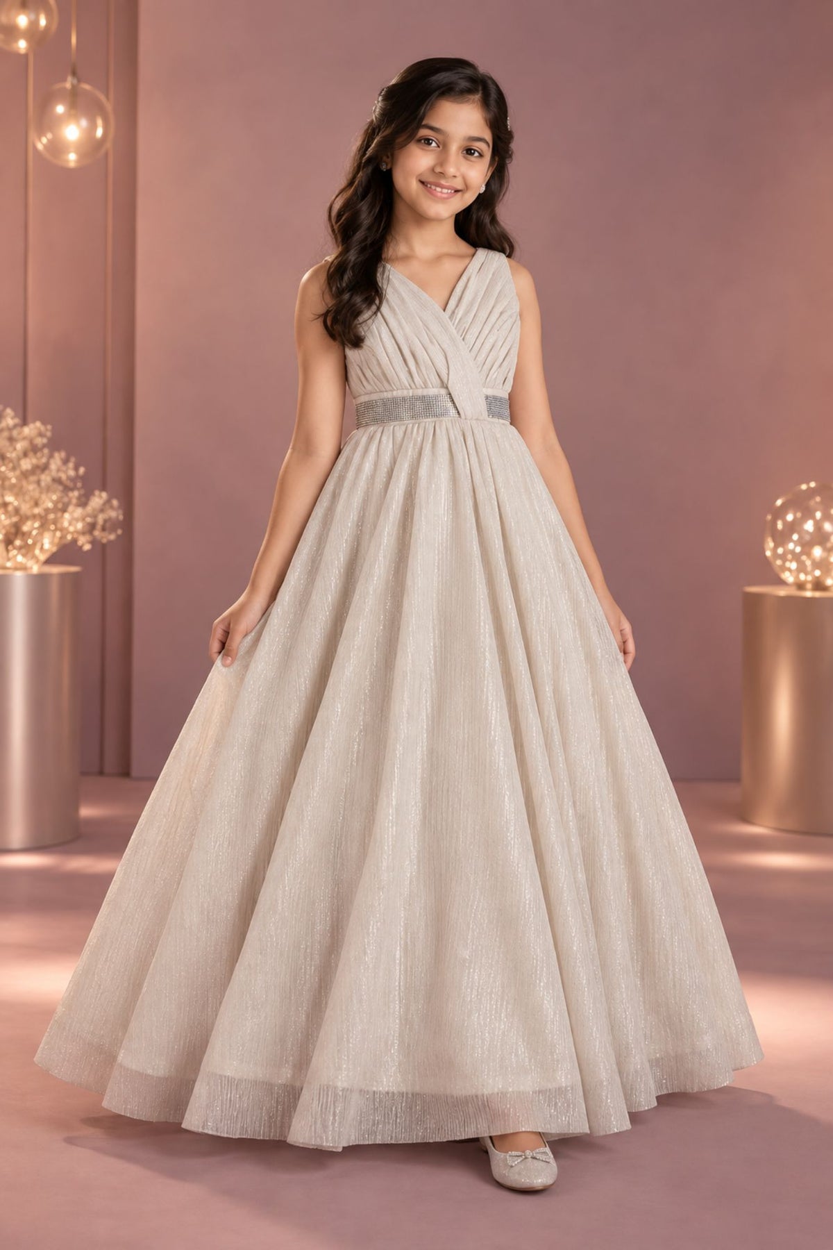 Elegant Sleeveless Cream Shimmer Party Wear Gown For Girls