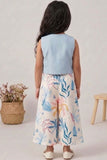 Girls Blue Floral Applique Set with Sleeveless Top And Printed Wide-Leg Pants
