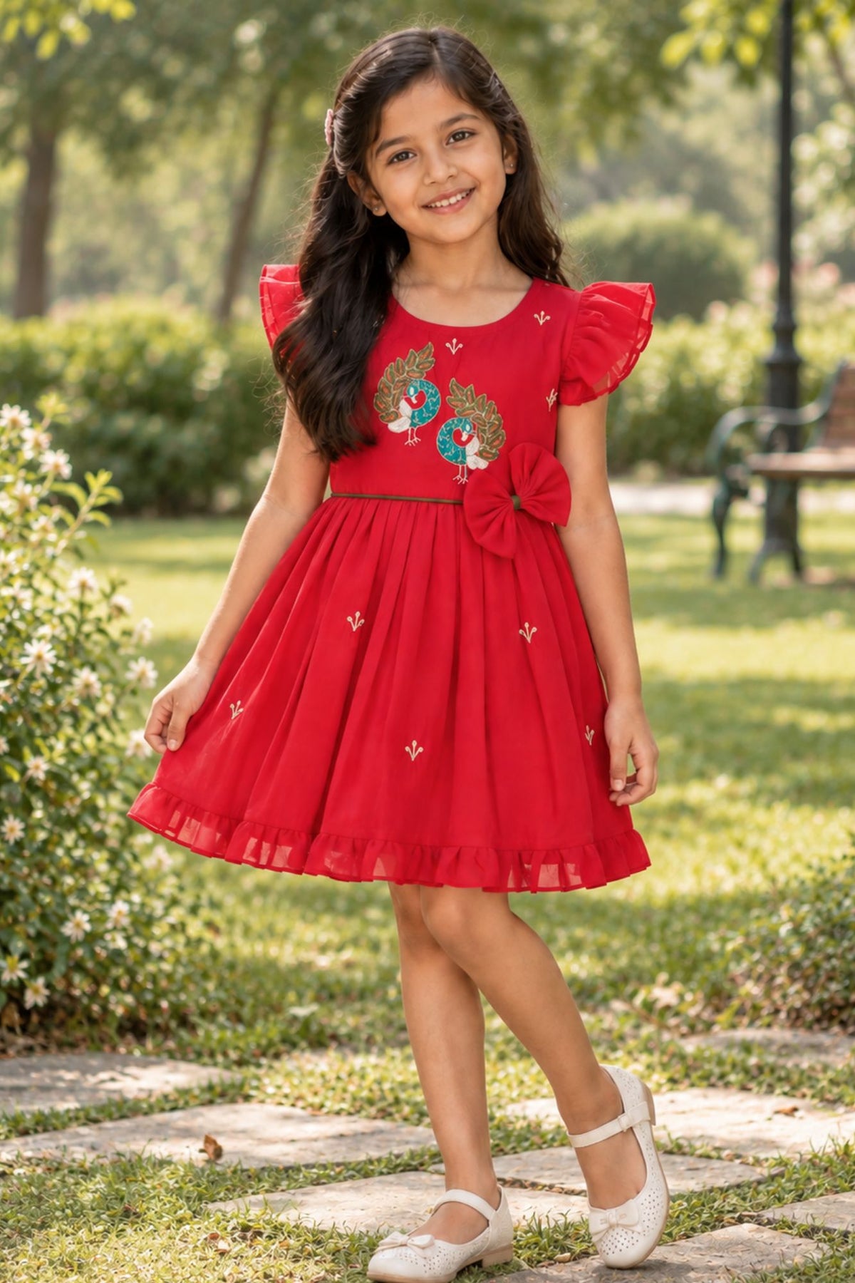 Girls Crimson Red Peacock Embroidered Ruffle Sleeve Flared Dress