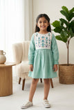 Sea Green Cotton Dress with Multicolor Floral Embroidered Yoke For Girls