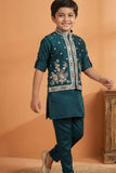 Teal Blue Embroidered Kurta Set with Nehru Jacket For Boys