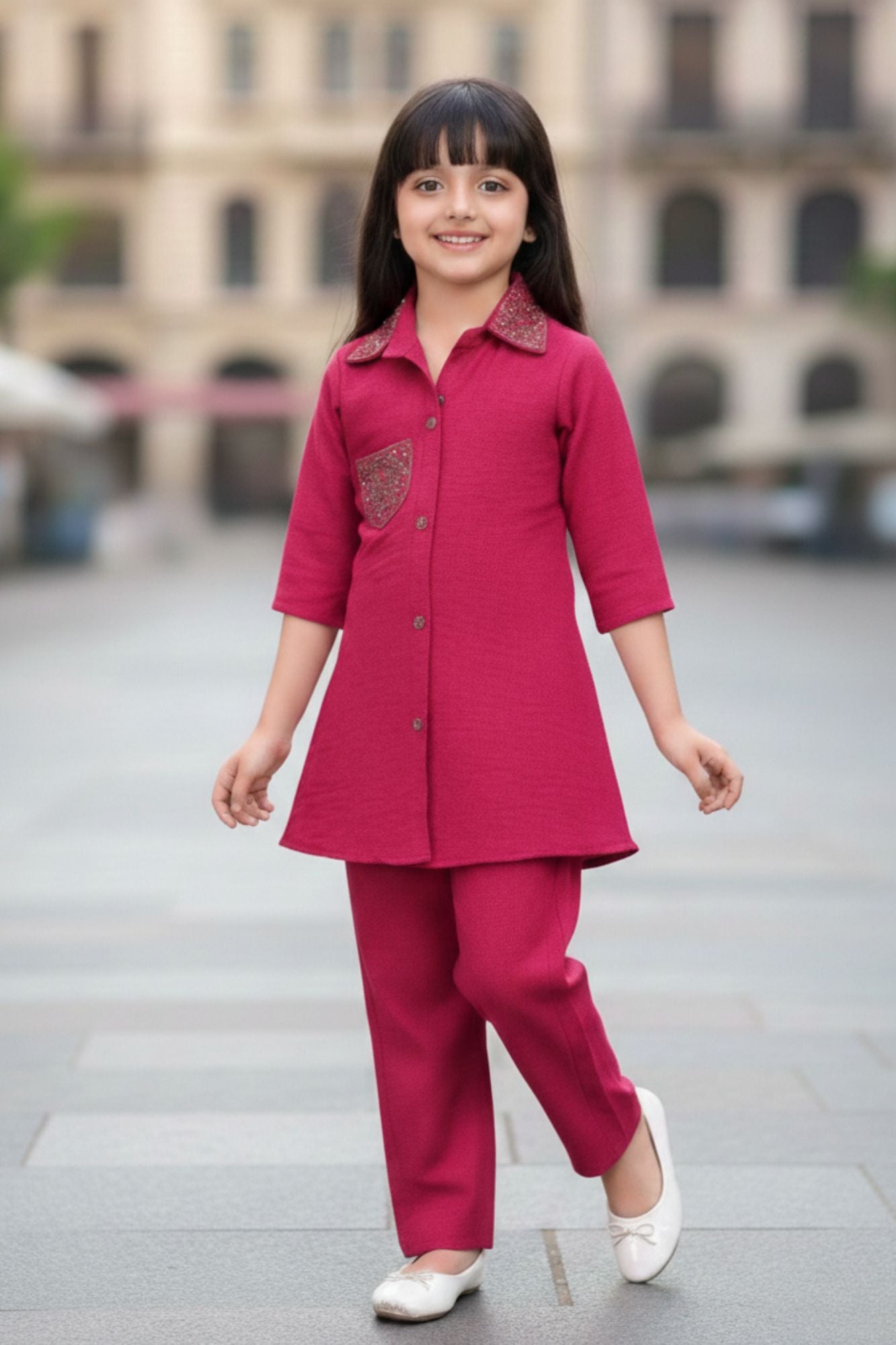 Pink Casual Top With Matching Straight Pant Set For Girls