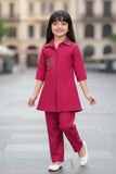 Pink Casual Top With Matching Straight Pant Set For Girls