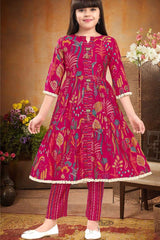 Rani Pink Floral Printed Kurta With Pant Set For Girls