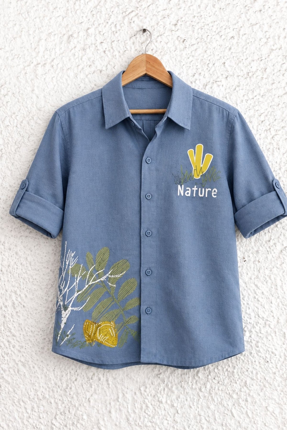 Slate Blue Printed Cotton Shirt with Nature Motif for Boys