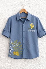 Slate Blue Printed Cotton Shirt with Nature Motif for Boys