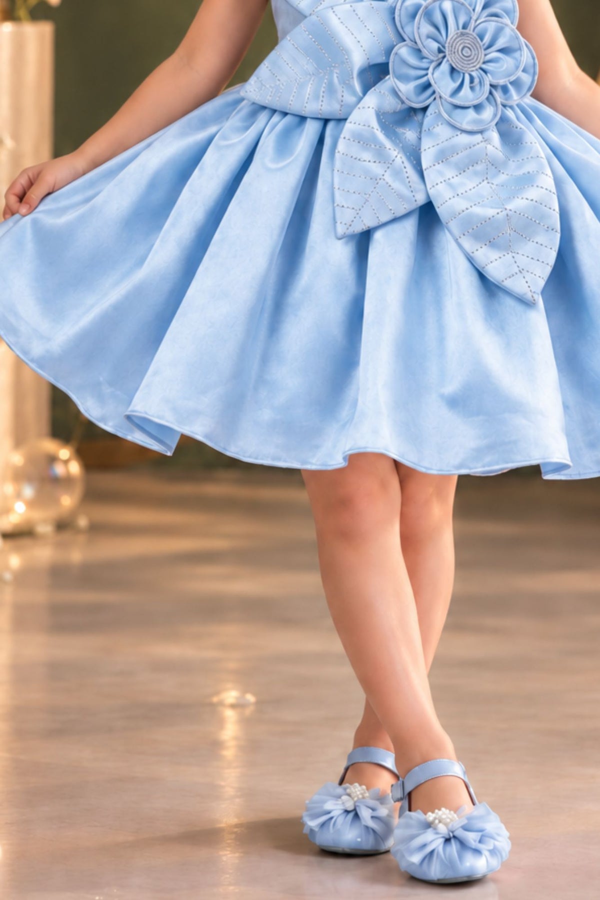 Powder Blue Floral Party Wear Frock For Baby Girls