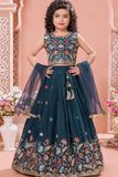 Deep Teal Blue Embroidered Lehenga Choli Set with Net Dupatta For Girls