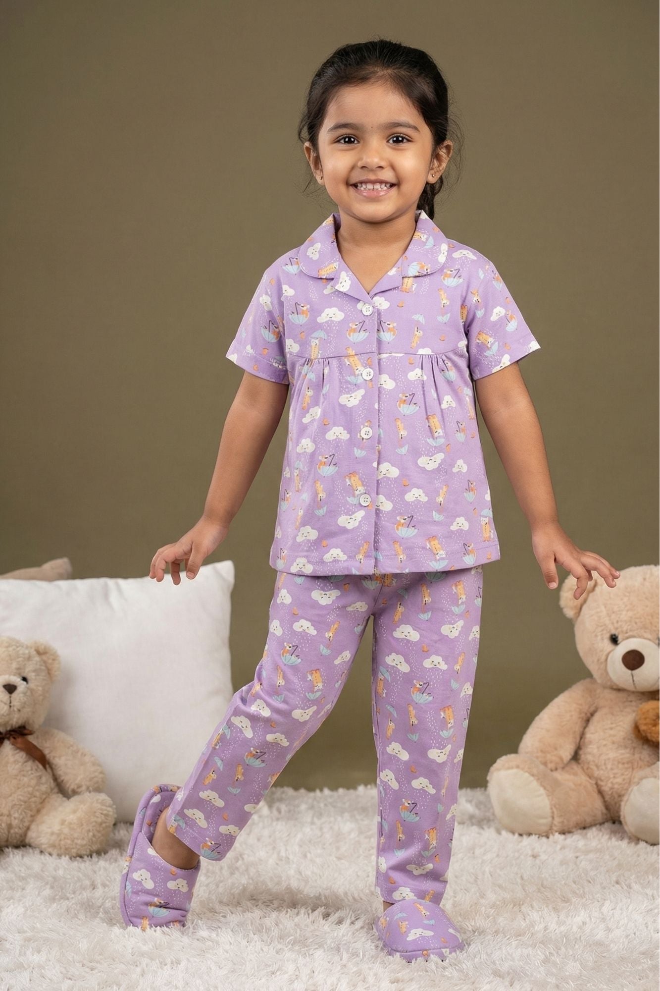 Lavender Unicorn And Cloud Print Night Suit Set For Girls