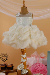 Cream Ruffled And Sequin Frock With Overcoat For Girls