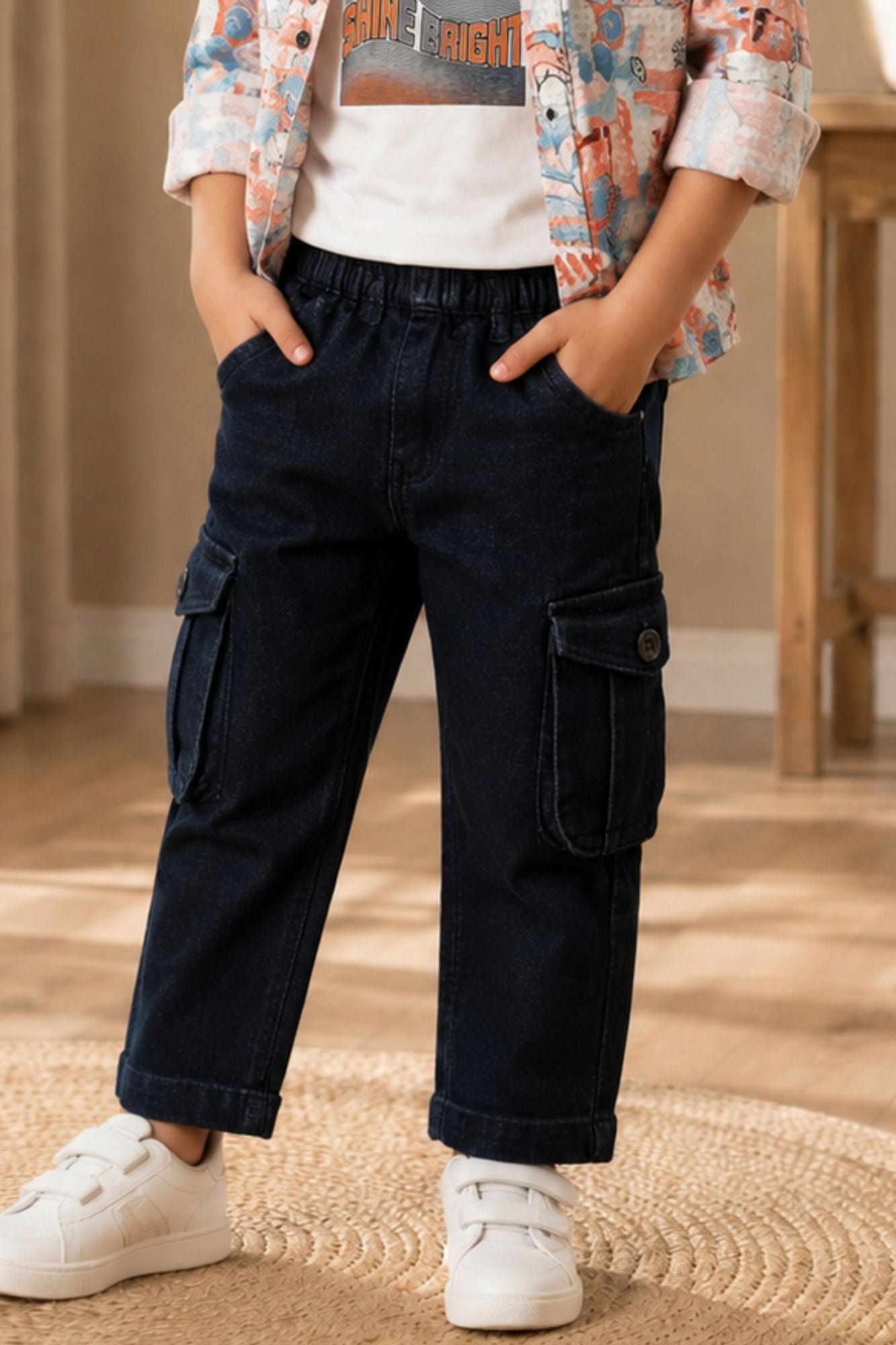 Boys White Graphic T-Shirt with Printed Shirt and Navy Cargo Jeans Set