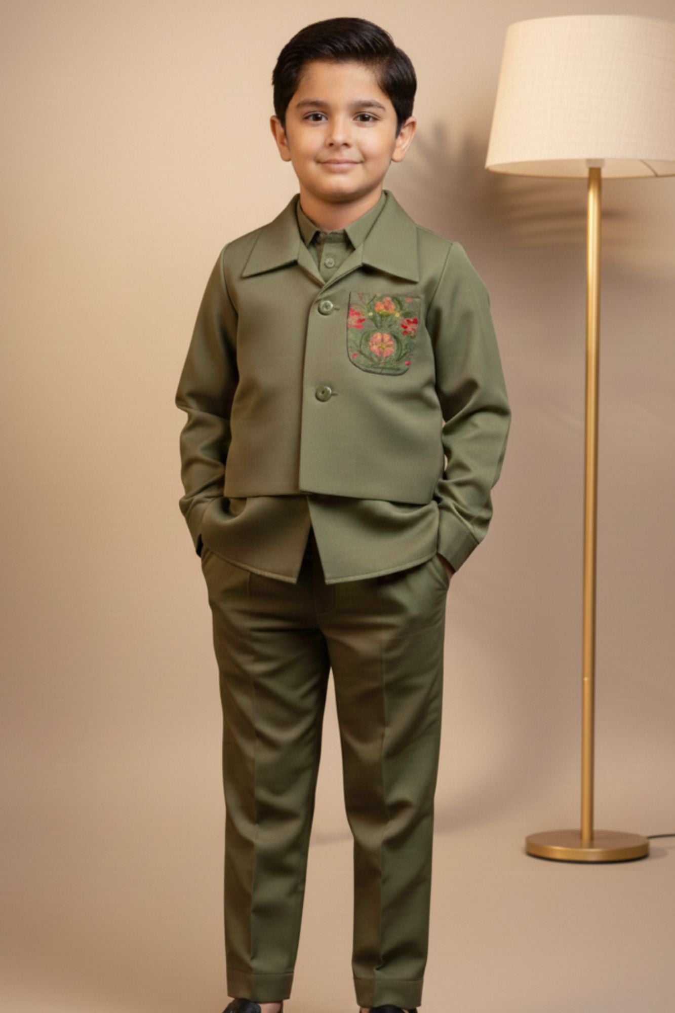 Olive Green Festive Kurta Pyjama Set with Jacket For Boys