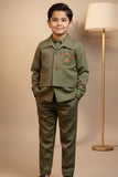 Olive Green Festive Kurta Pyjama Set with Jacket For Boys