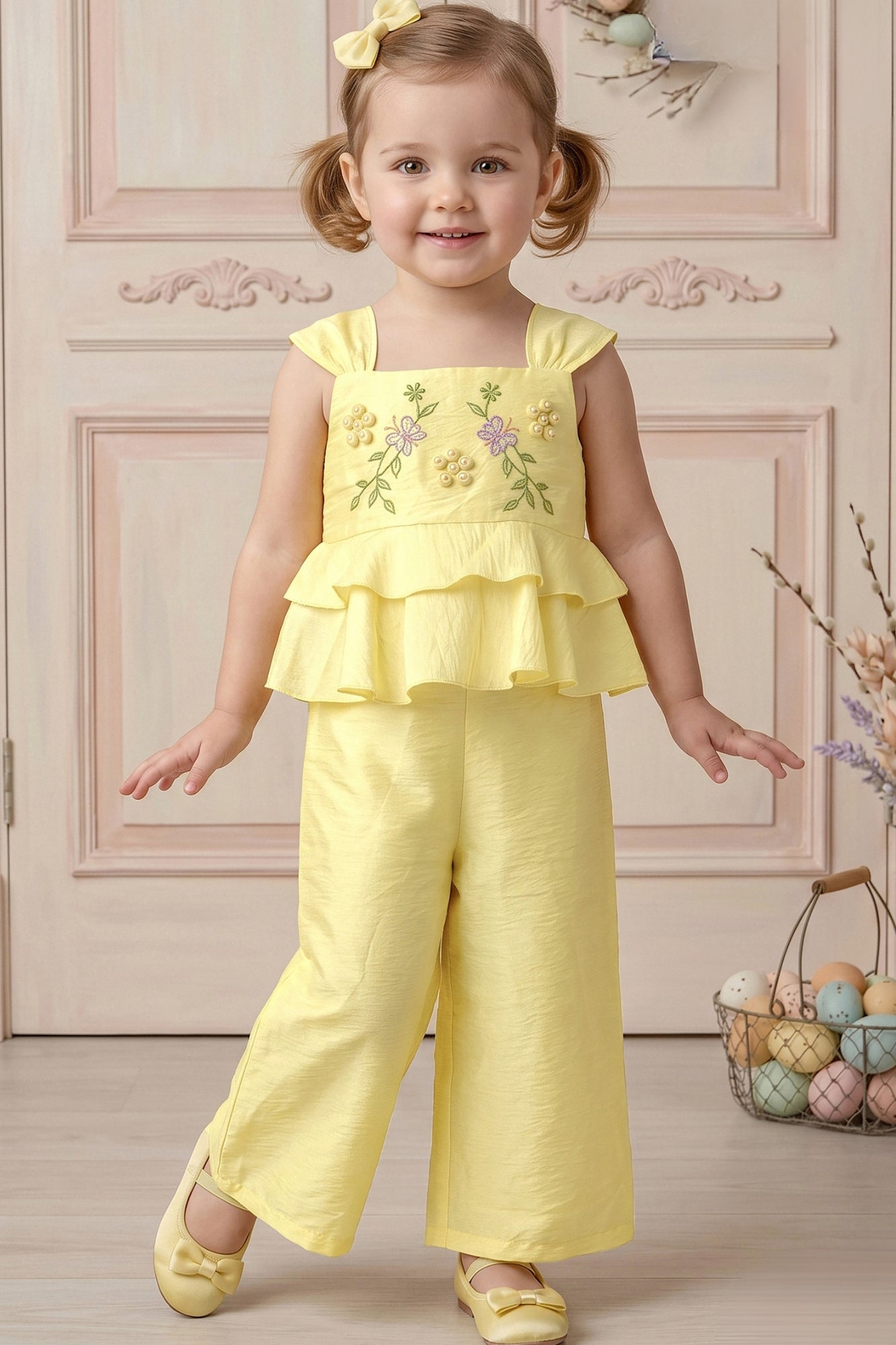 Girls Yellow Embroidered Peplum Top with Palazzo Pants Co Ord Set