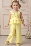 Girls Yellow Embroidered Peplum Top with Palazzo Pants Co Ord Set