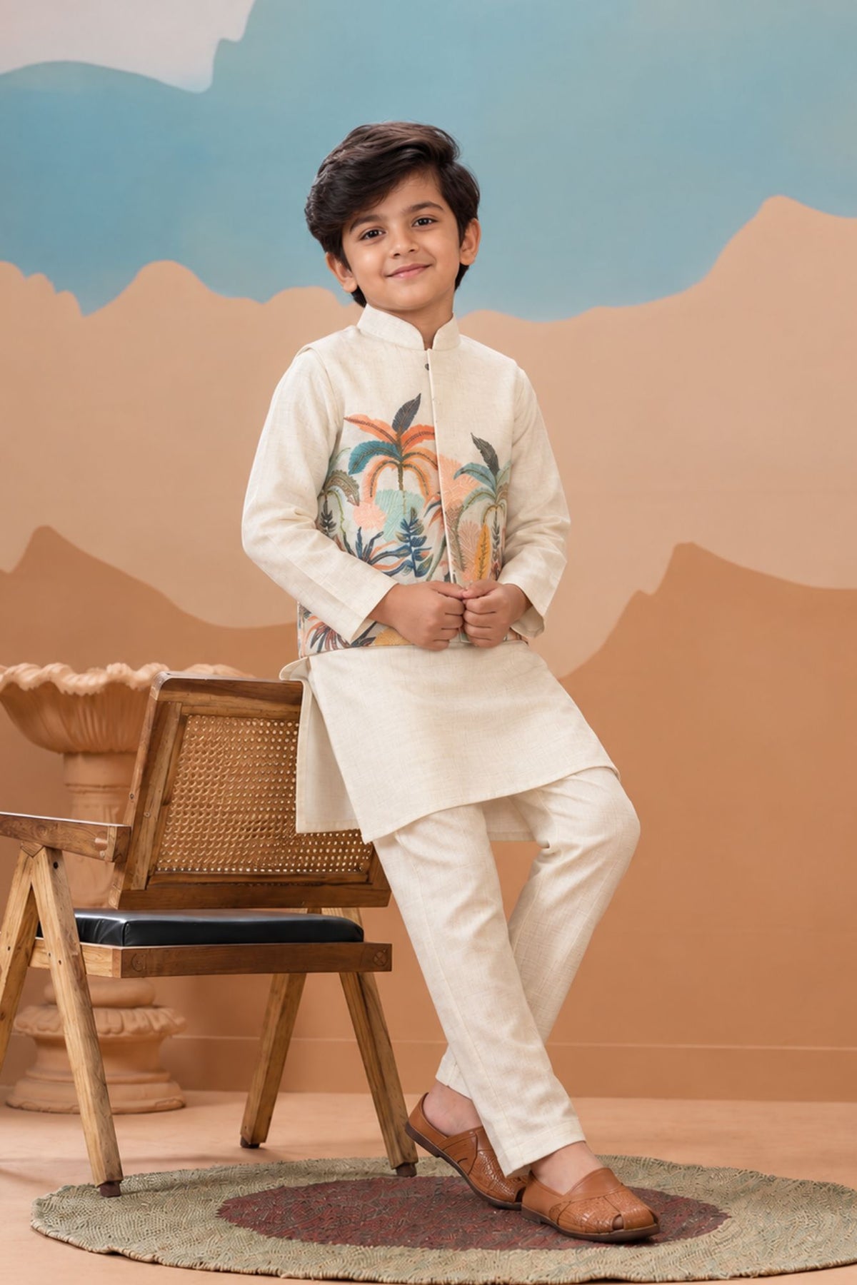 Ivory Kurta Pyjama Set with Tropical Printed Nehru Jacket For Boys