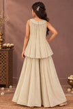 Girls Cream Floral Sequin Embellished Palazzo Set With Dupatta