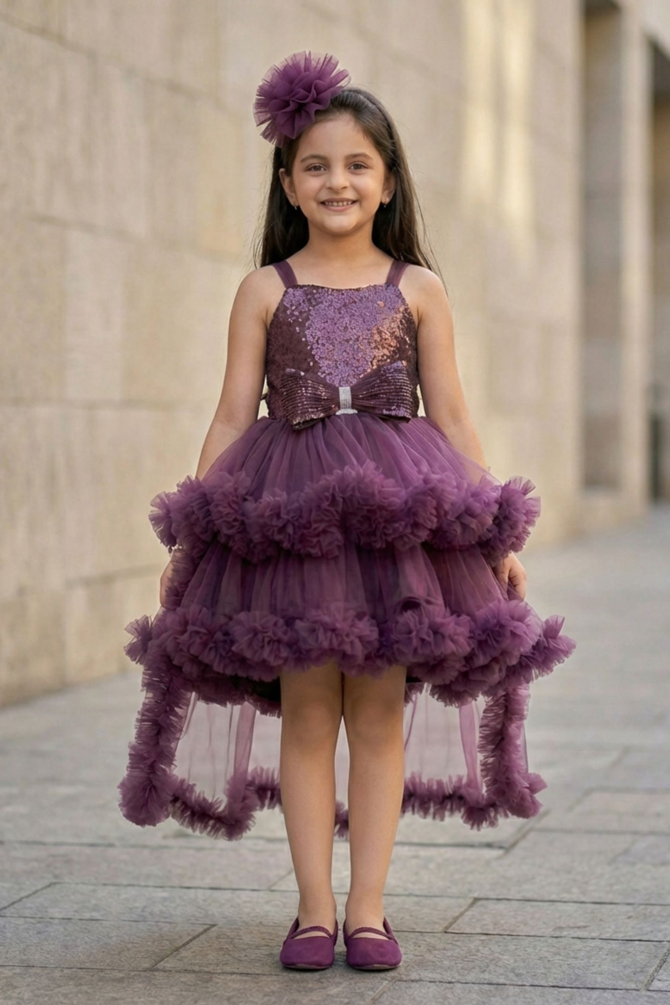 Plum Purple High-Low Party Wear Tulle Frock With Floral Embellishment For Girls