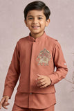 Coral Embroidered Kurta Set With Mandarin Collar For Boys