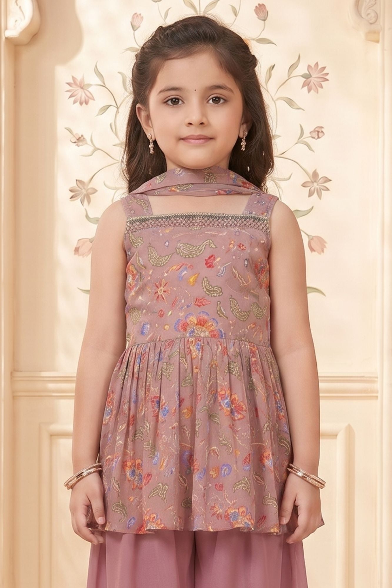 Mauve Pink Floral Printed Peplum Palazzo Set For Girls