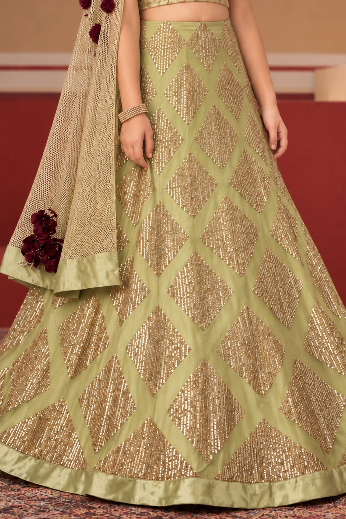Pista Green Mermaid Cut Lehenga Choli Set With Rich Sequence Work