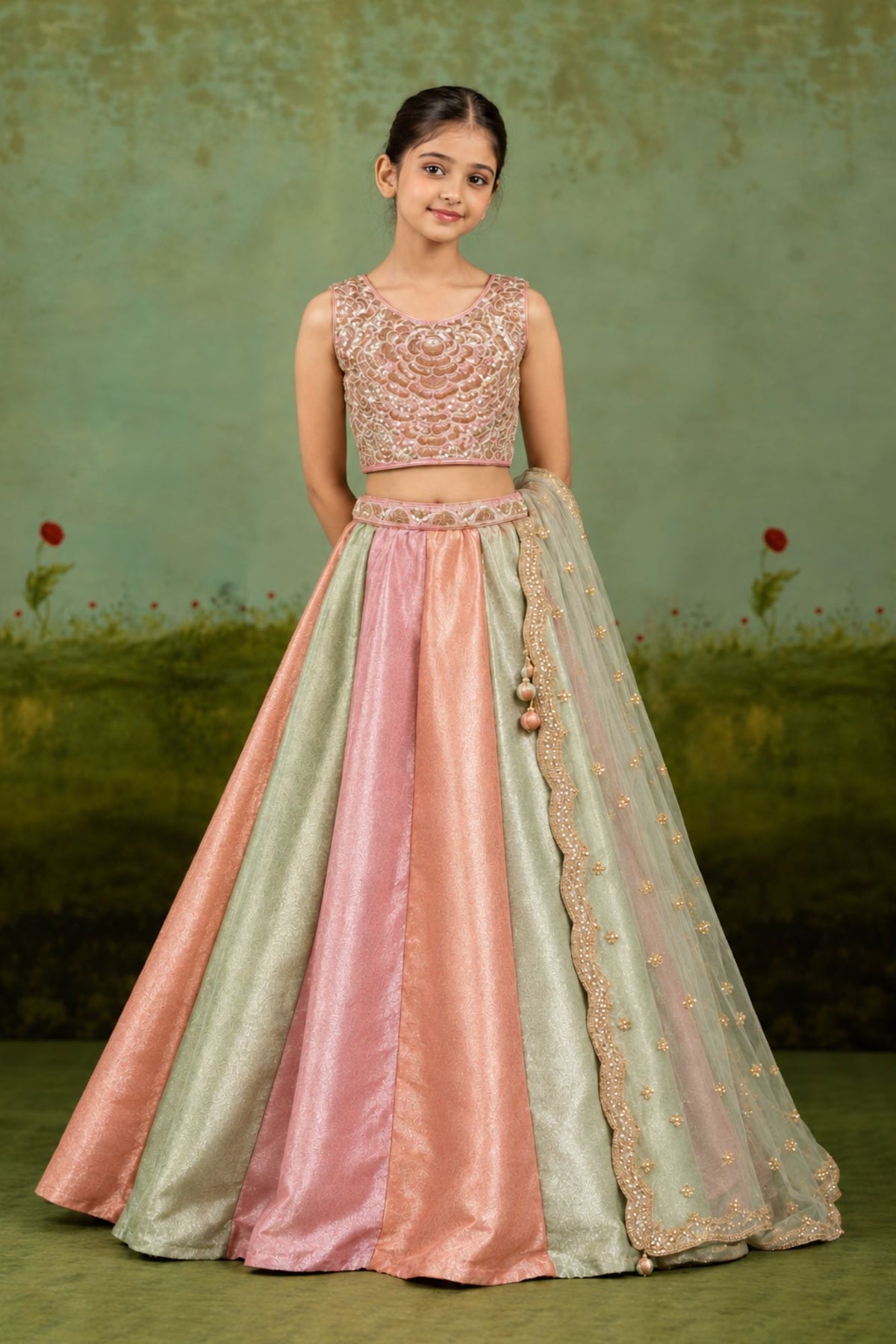 Girls Blush Pink And Mint Green Sequin Embellished Lehenga Choli Set