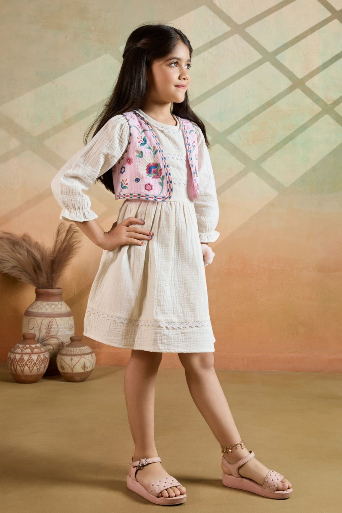 Casual White Cotton Dress with Embroidered Jacket for Girls