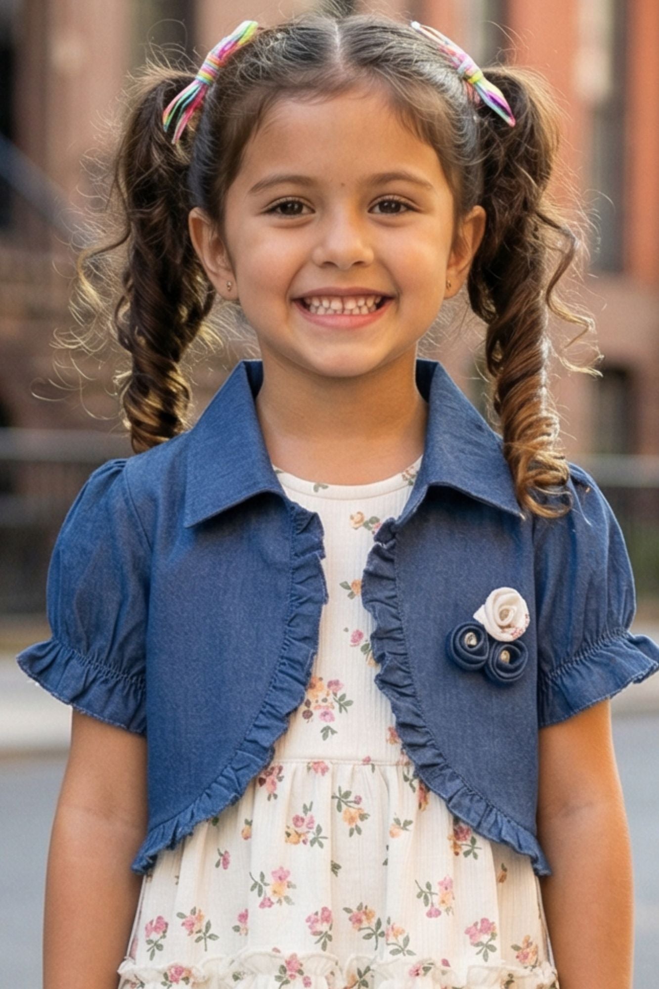 white christmas dresses Girls Floral Printed Dress with Blue Denim Shrug – Lagorii Kids